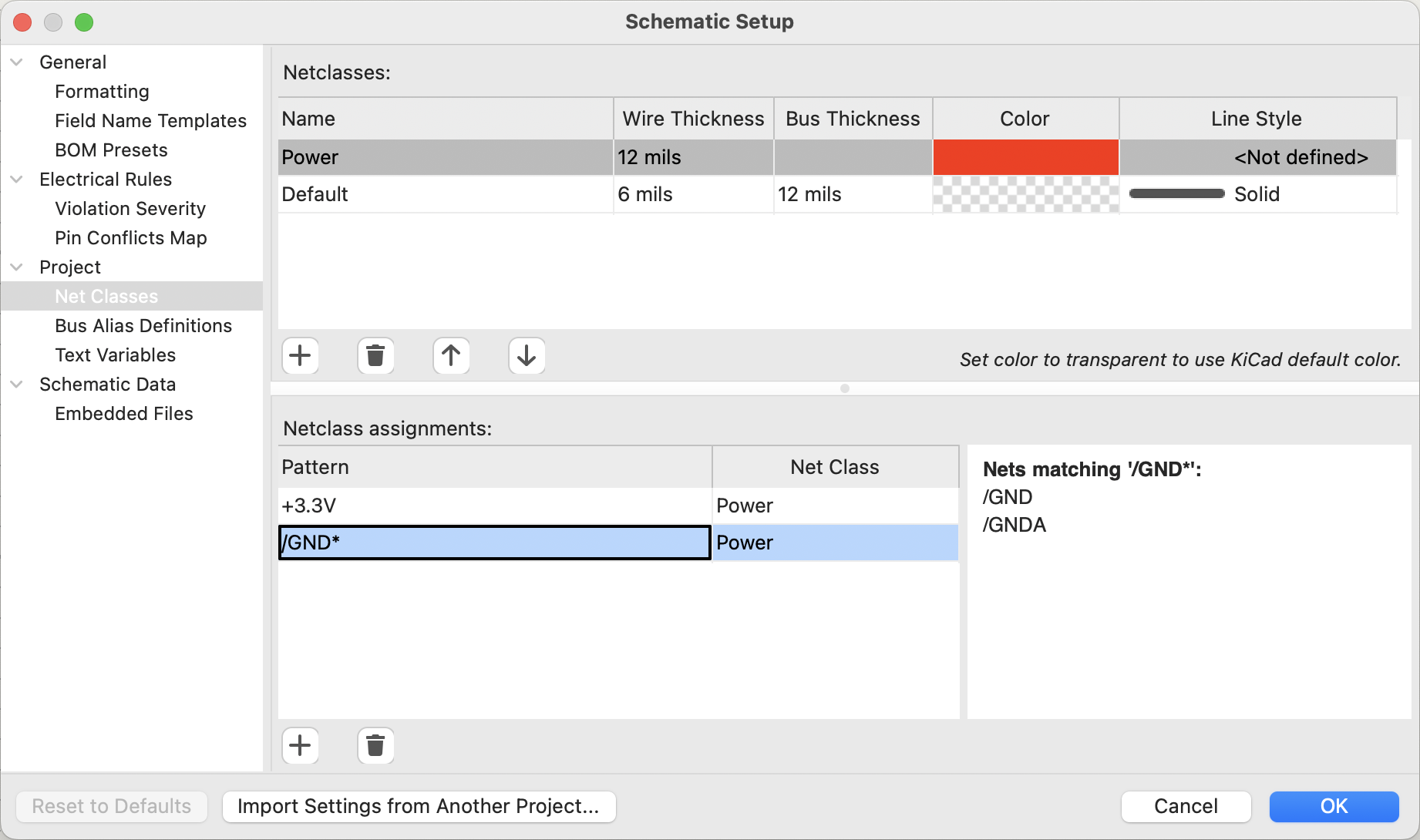 Schematic Setup netclasses panel