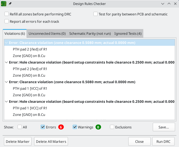 DRC errors due to clearance violation between R1 and GND