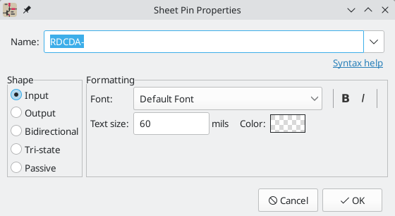 Sheet Pin Properties dialog