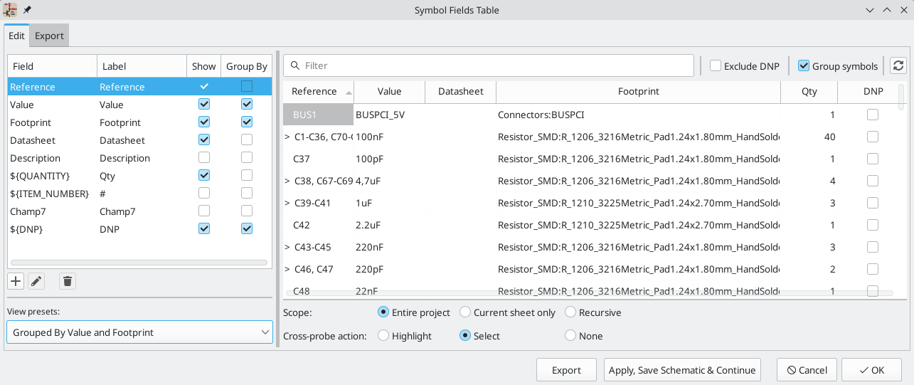 Symbol Fields Table Edit tab