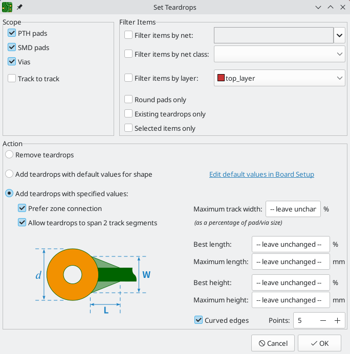 Edit Teardrops dialog