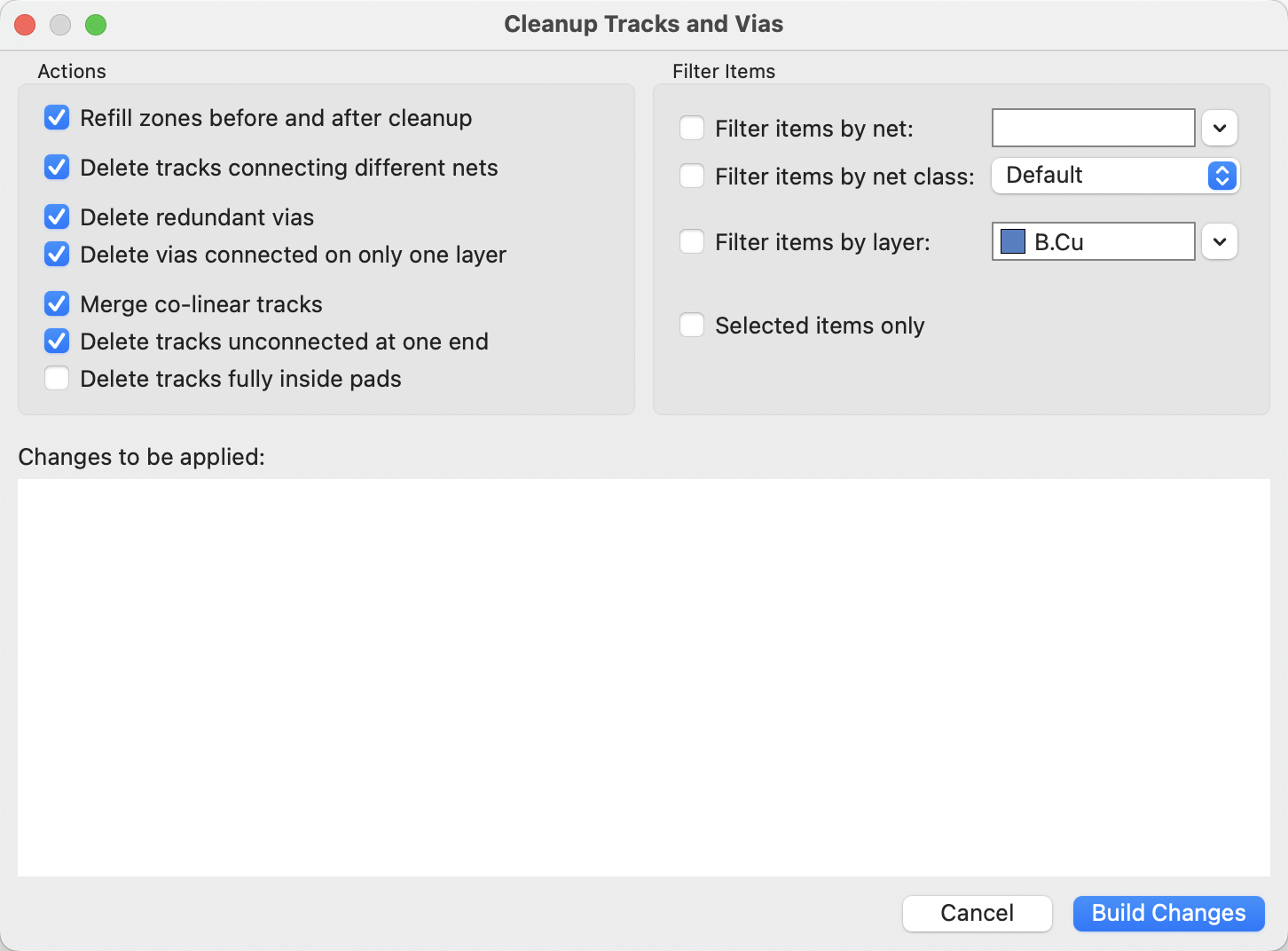 Cleanup Tracks and Vias dialog